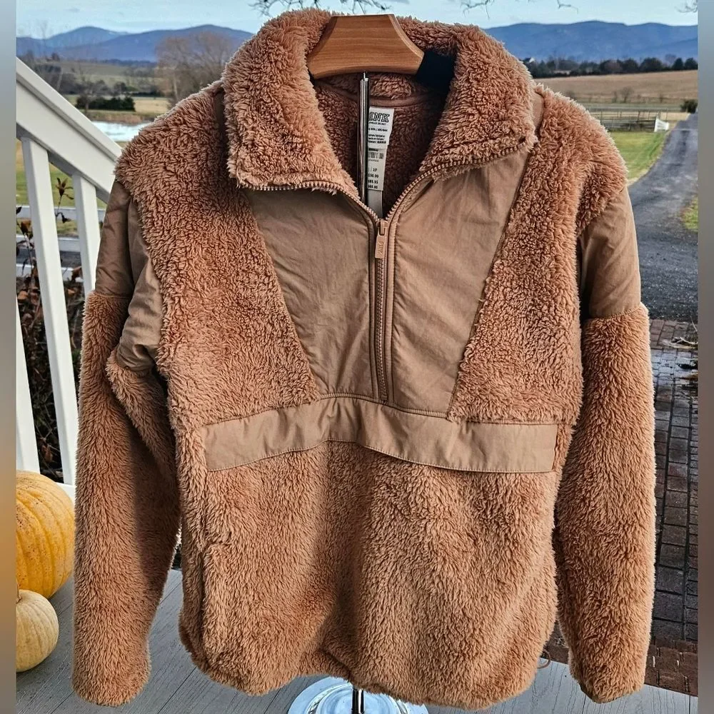 Victoria's Secret PINK COZY HALF ZIP TEDDY PULLOVER SHERPA TAN NEW MSRP $69.95